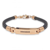 Bracciale in pelle, Pvd oro rosa e zirconi neri